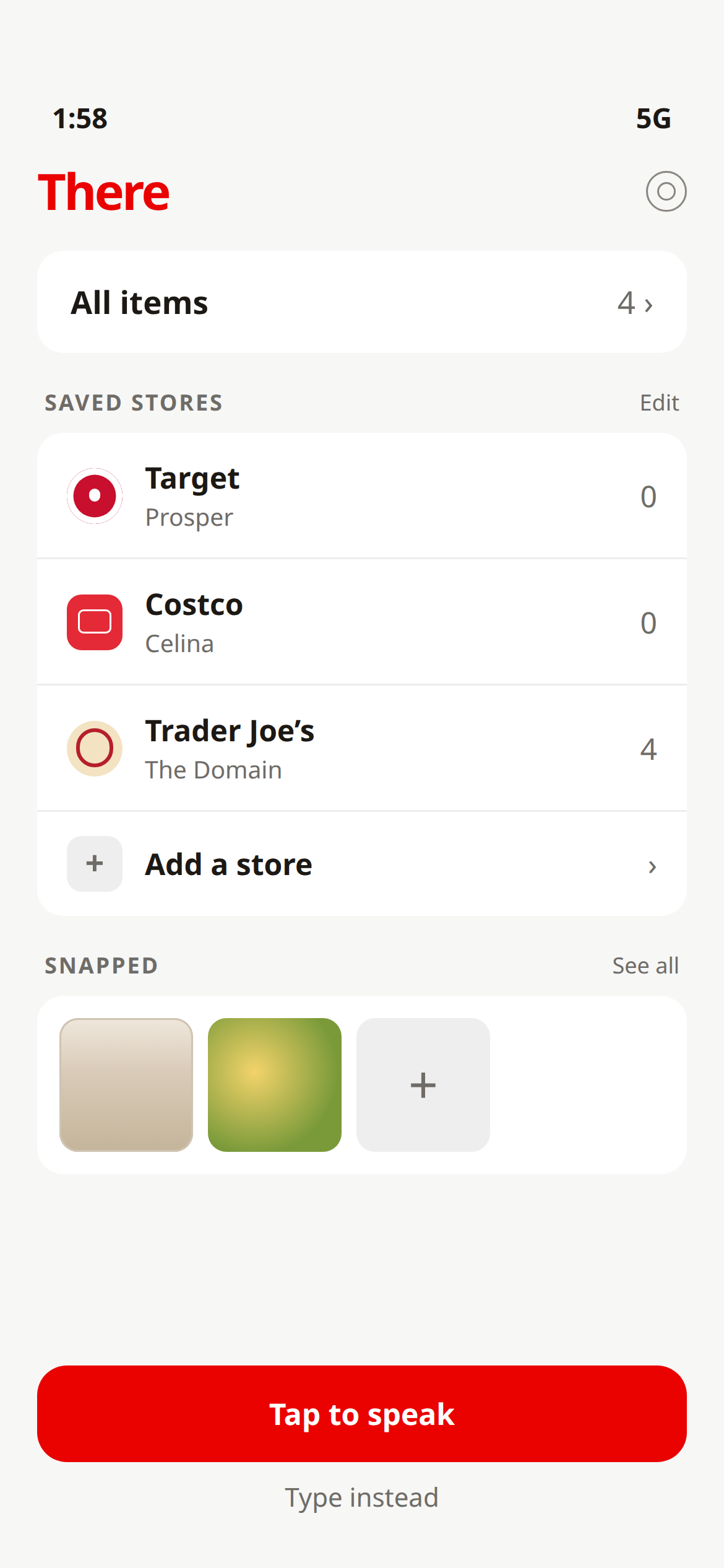 There app with separate lists for Target, Costco, and Trader Joe’s, plus Snapped photos.